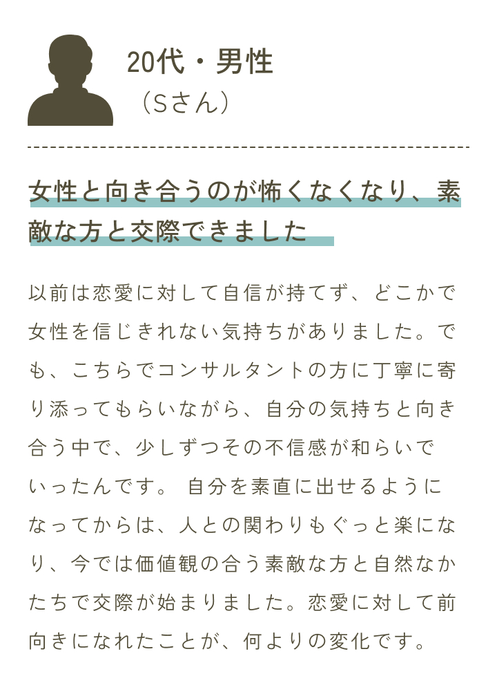 女性と向き合うのが怖くなくなり、素敵な方と交際できました